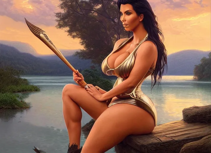 Prompt: candid photo of kim kardashian wearing a hooters outfit, sat by a lake, fantasy, intricate, elegant, highly detailed, digital painting, artstation, concept art, smooth, sharp focus, illustration, art by artgerm and greg rutkowski and alphonse mucha