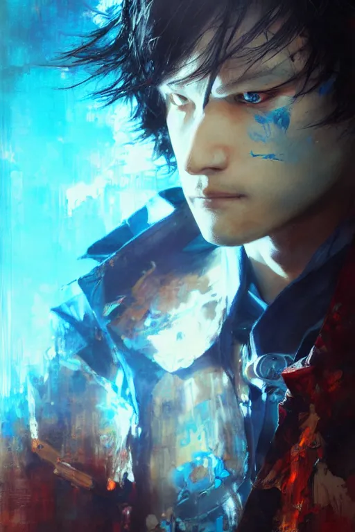 Prompt: gojo satoru, painting, beautifully glowing light blue eyes, collaborative artwork of greg ruthowski, yoji shinkawa, ruan jia, exquisitely high quality and detailed