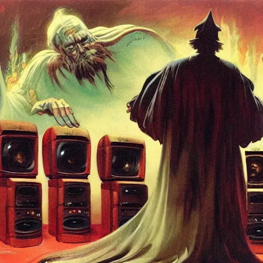 Image similar to wizard surrounded by crt televisions, oil on canvas, frank frazetta, john williams