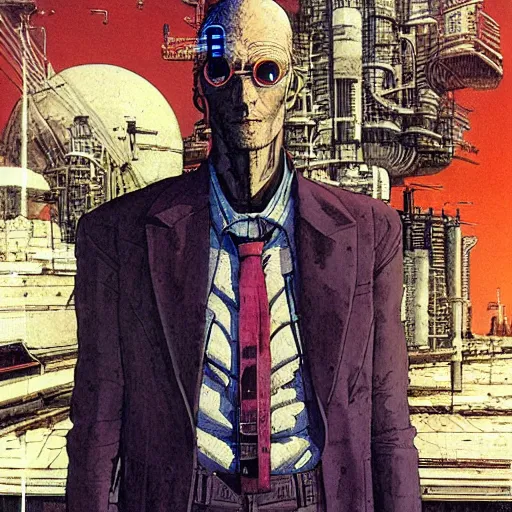 Image similar to Digital portrait of a scientist by Enki bilal and Moebius and francois Schuiten, cyberpunk, impressive perspective, aesthetic, masterpiece