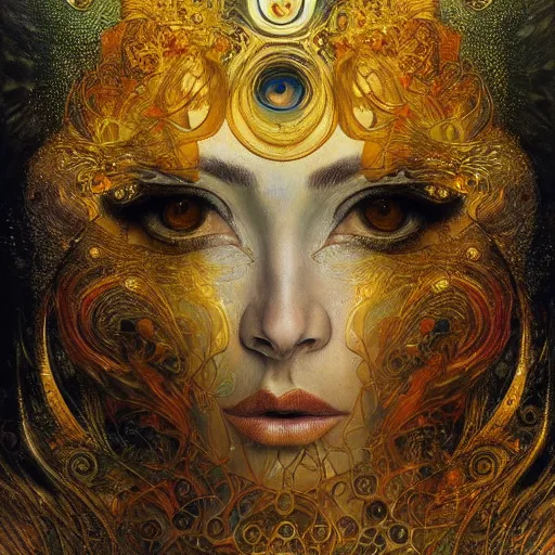 Image similar to Divine Chaos Engine by Karol Bak, Jean Deville, Gustav Klimt, and Vincent Van Gogh, beautiful visionary mystical portrait, sacred, otherworldly, fractal structures, Surreality, ornate gilded medieval icon, third eye, spirals