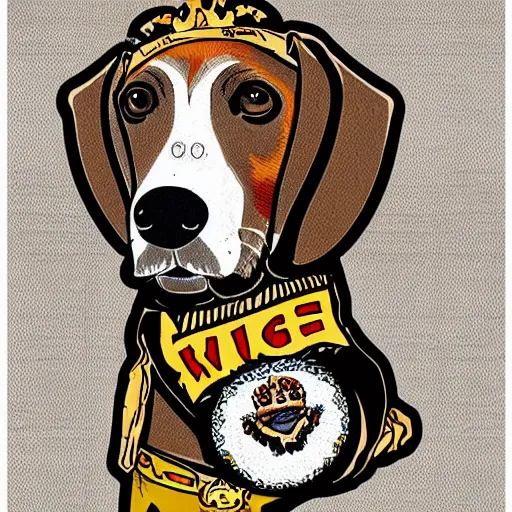 Prompt: a t - shirt design of a beagle who is a king wearing a crowd. street wear style.