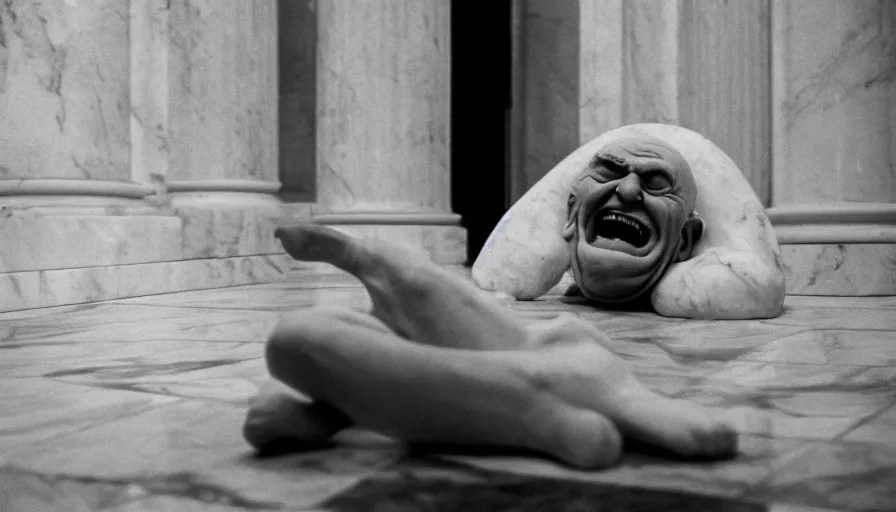 Prompt: 1 9 6 0 s movie still close - up of chrysippus laughing hysterically on the floor in a neoclassical room with marble tiles, cinestill 8 0 0 t 3 5 mm b & w, high quality, heavy grain, high detail, texture, dramatic light, anamorphic, hyperrealistic