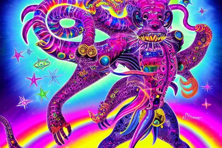 Image similar to lisa frank illustration of rebulon the ancient demon, by lisa frank, masterpiece concept art, 8 k, intricate detail, cinematic lighting, epic pose, bright colors