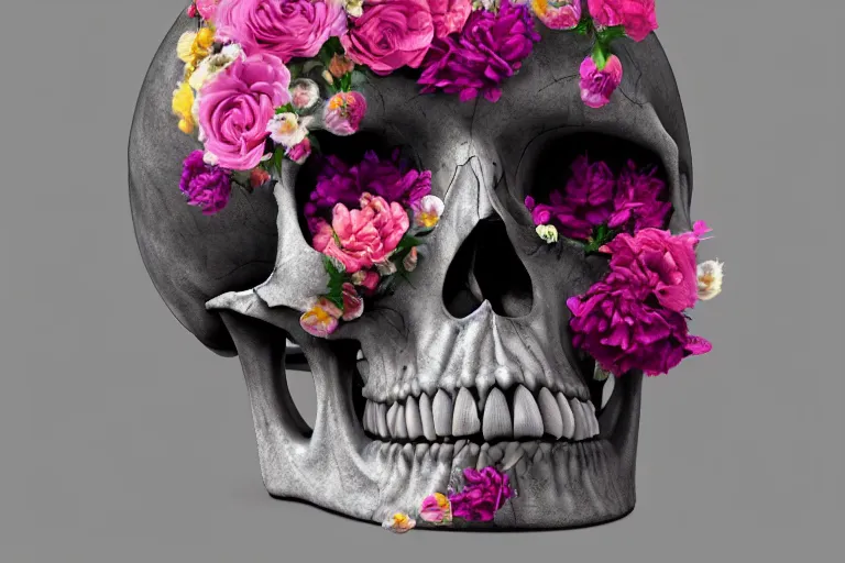 Image similar to human skull made entirely from flowers with flowes in its eyes, artstation, illustration, hd, hq, high resolution, high detail, 4 k, 8 k