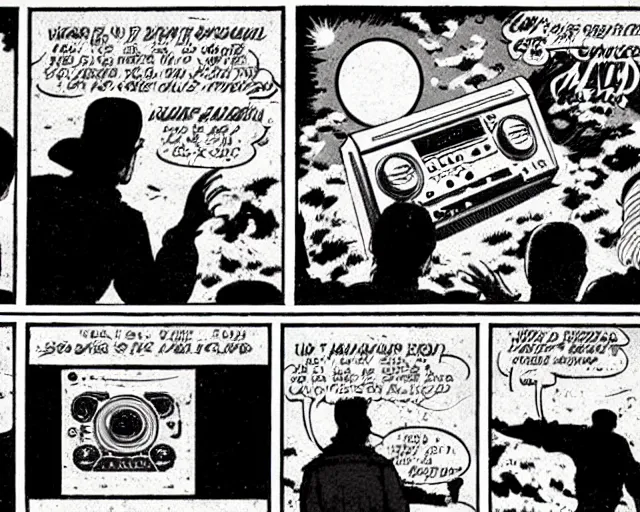 Image similar to three panels from a 1 9 3 0's comic book showing a big fat boombox, in front of a big moon, illustration, wide shot, muted colors, post grunge, concept art by josan gonzales and wlop, david rubin, mike mignola, laurie greasley, highly detailed, sharp focus, trending on artstation, hq, deviantart, art by artgem