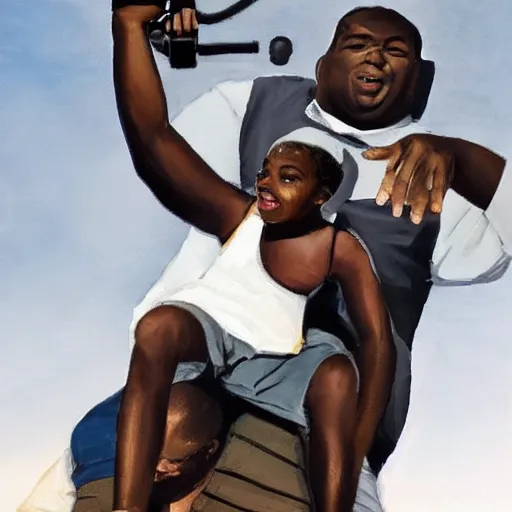 Image similar to a little black person rides on the shoulder's of a huge 7 ft tall 5 0 0 pound black man. hyperreal - h 6 4 0