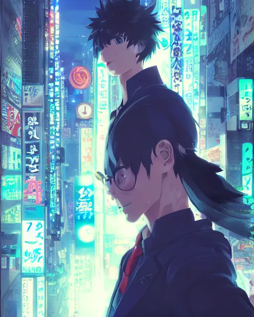 Image similar to portrait of a dream guide in night tokyo by makoto sinkai, my hero academia,cyberpunk, greg rutkowski, perfect face, fine details