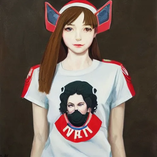 Image similar to oil paining of twentytwo year old female character with ( ( ( cat ears ) ) ) wearing soviet era uniform, wearing a tshirt with a face of karl marx on it, in the style of krenz cushart