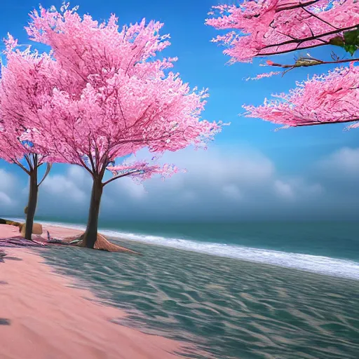 Image similar to very beautiful beach landscape with sakura trees, unreal engine