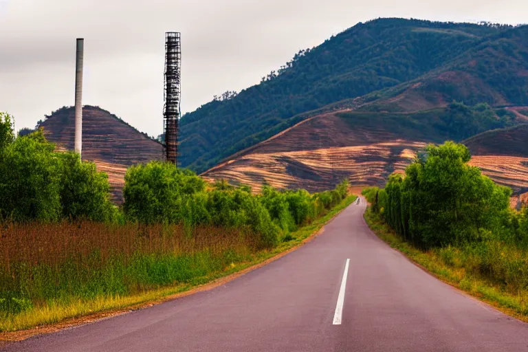 Image similar to looking down road of warehouses. hills background with radio tower on top. telephoto lens compression.