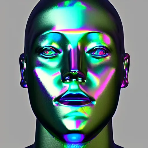 Image similar to 3d render of holographic human robotic head made of glossy iridescent, surrealistic 3d illustration of a human face non-binary, non binary model, 3d model human, cryengine, made of holographic texture, holographic material, holographic rainbow, concept of cyborg and artificial intelligence