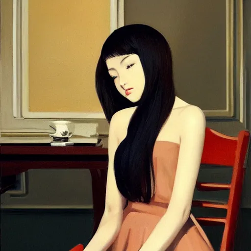 Image similar to oil painting by ilya kuvshinov, sakimichan, coby whitmore, of a youthful japanese beauty, long hair, sitting on antique chair leaning against a desk, victorian room