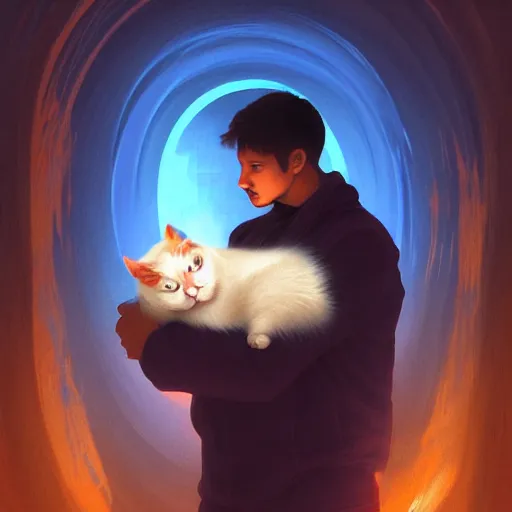 Prompt: cool illustration of a sad man and a white fluffy cat in a dark underwater tunnel, orange and blue lighting, high detail, rust, in the style of Sergeant and Bouguereau, tragic, red trees, trending on artstation, masterpiece