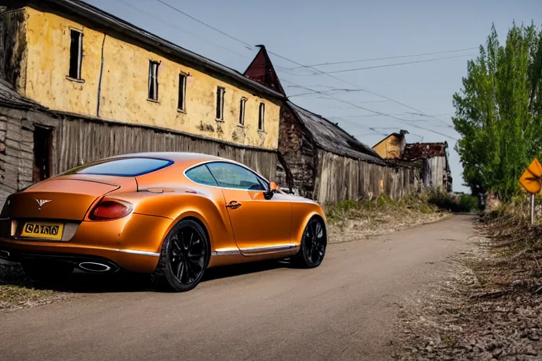 Image similar to modern rusty Bentley Continental GT drives along the road of an old Russian village with houses at the edges