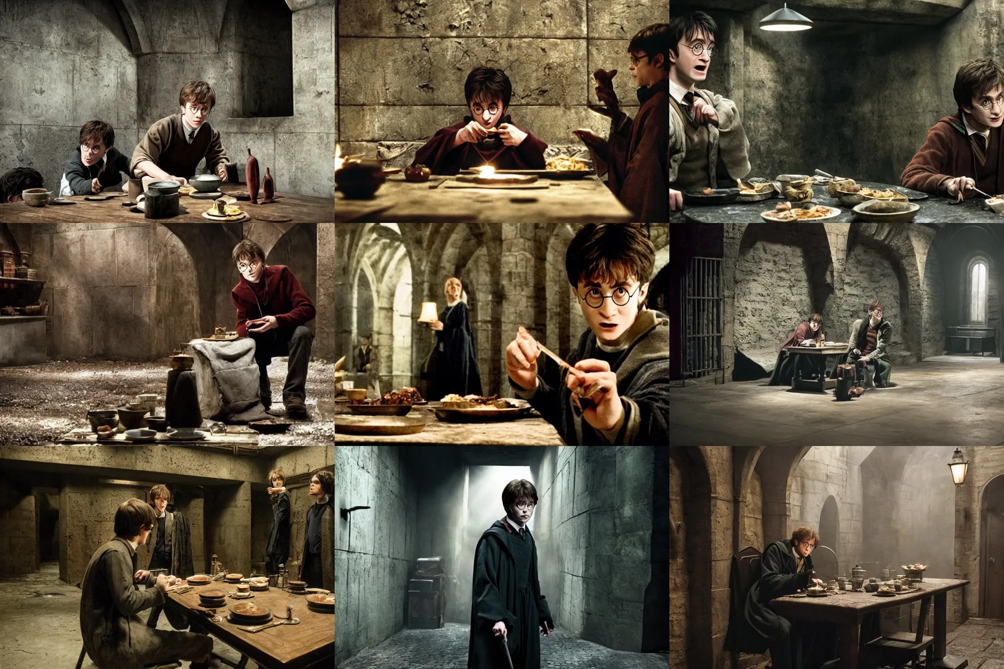 Prompt: Harry potter film, a scene where Harry is eating in a Concrete wall basement, Dark cinematic color tones.