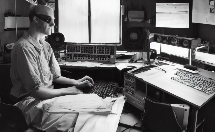 Prompt: man sitting facing away, working in dark radio booth, one single lamp, dingy, keyboard, door to lab, sweaty, tannoy, strange