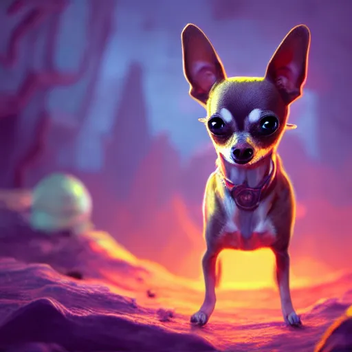 Prompt: a godling chihuahua living in an extradimensional reality, in the style of wlop, illustration, epic, fantasy, hyper detailed, smooth, unreal engine, sharp focus, ray tracing, physically based rendering, renderman, beautiful