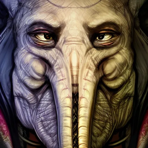 Image similar to Warlock with elephant traits. Character portrait, face close-up, of an anthro elephant warlock in the style of Bastien Lecouffe-Deharme