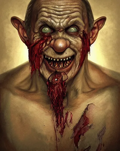 Image similar to photorealistic portrait photograph of vladimir putin as an old pathetic goblinoid demon clown, kobold, upper body, fantasy, bloody, depth of field, soft focus, highly detailed, intricate, realistic, national geographic cover, soft glow, textured, artstation, sharp focus, illustration, art by artgerm and greg rutkowski and alphonse mucha