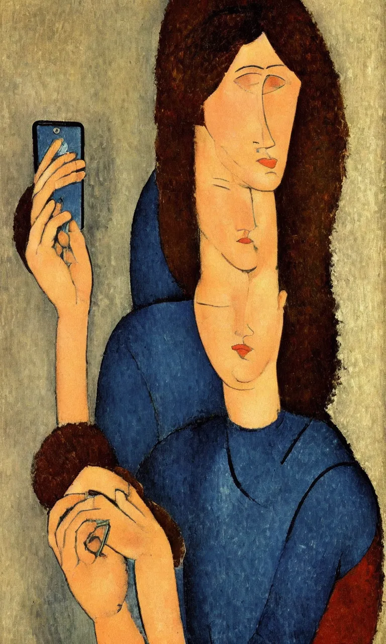 Image similar to amedeo modigliani. close up portrait of a woman with brown hair and a blue rollneck sweather holding an iphone in her hand. very soft brush.