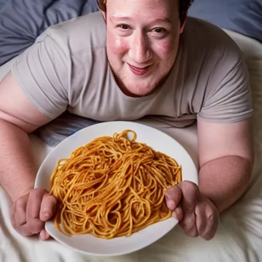 Image similar to fat mark zuckerberg sitting in bed eating spaghetti