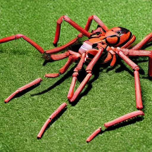 Prompt: Photostock of a soccermom happily married to a giant tarentula. The giant tarentula looks very corporate, wears a tie and weave a web around his wife.