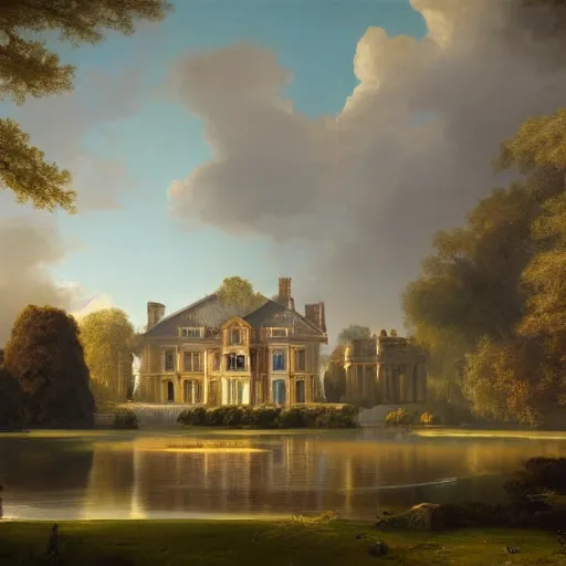 Image similar to a large serene beautiful matte painting of a quaint english country mansion, by asher brown durand and greg rutkowski, featured on artstation, blue and orange color scheme