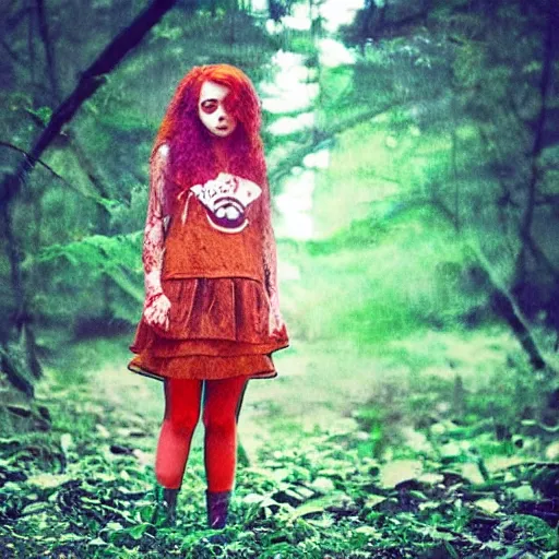 Image similar to “glitchcore album cover red head singer girl standing in a forest”