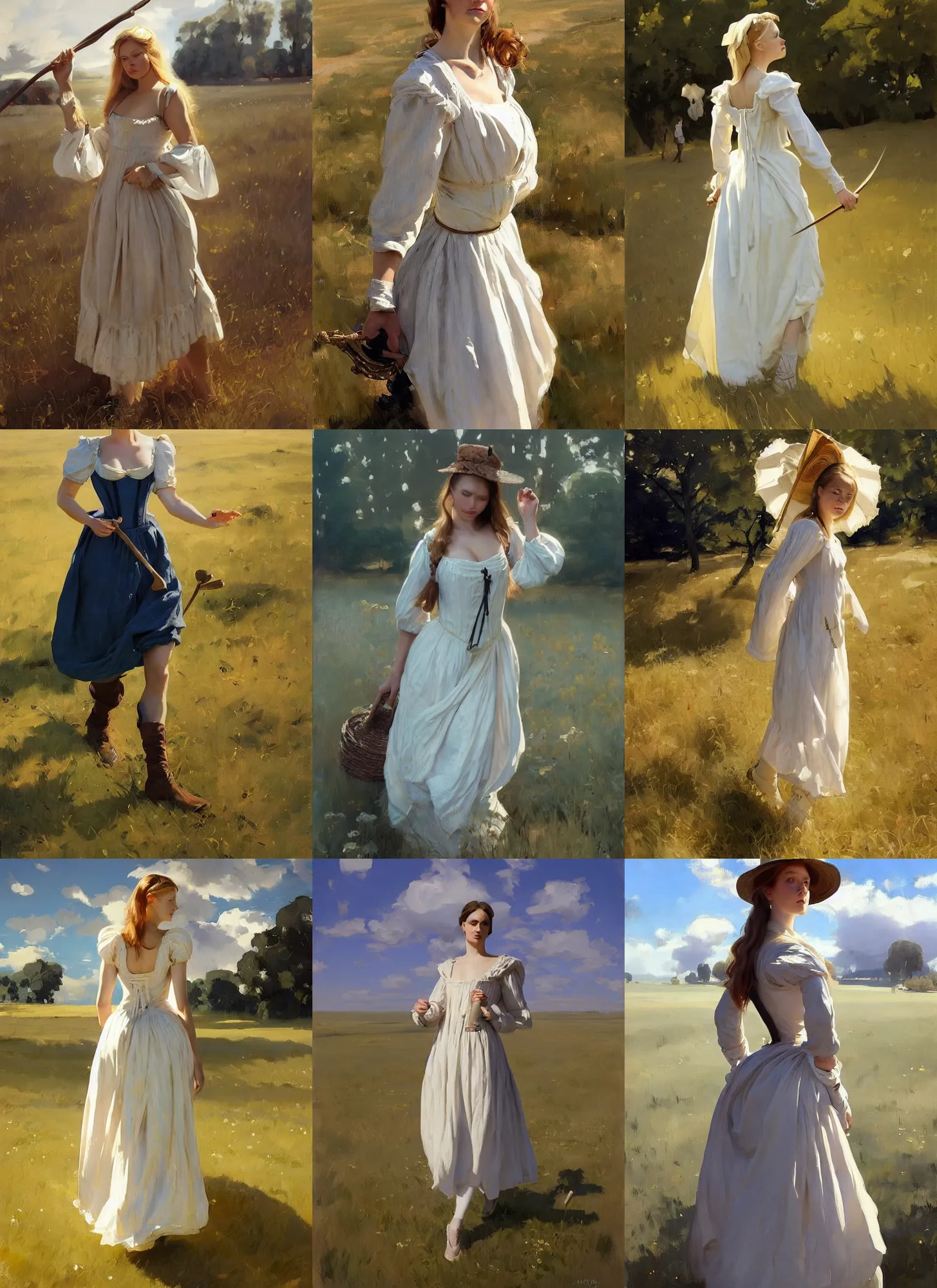 Prompt: attractive finnish norway scandinavian instagram model wearing 1 7 th century bodice walking in the field in a sunny day, jodhpurs greg manchess painting by sargent and leyendecker, studio ghibli, fantasy, medium shot, asymmetrical, intricate, elegant, matte painting, illustration, hearthstone, by greg rutkowski, by greg tocchini, by james gilleard