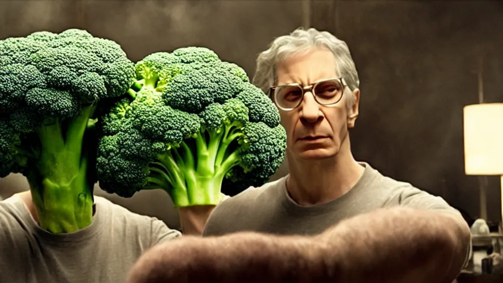 Prompt: the broccoli creature, film still from the movie directed by denis villeneuve and david cronenberg with art direction by salvador dali, wide lens