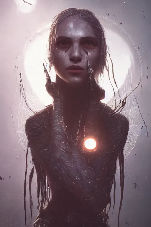 Prompt: A beuatiful portrait of a half spider half women by Greg Rutkowski, beeple, Sung Choi, Mitchell Mohrhauser, Maciej Kuciara, Johnson Ting, Maxim Verehin, Peter Konig, Bloodborne, 8k photorealistic, cinematic lighting, HD, high details, dramatic, dark atmosphere, trending on artstation