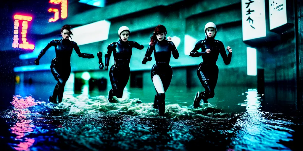 Image similar to cinestill 5 0 d candid photographic portrait by stanley kubrick of female androids sprinting wearing rugged black mesh techwear in treacherous waters, flooded city, medium closeup, retrofuturism cyberpunk moody emotional cinematic, pouring iridescent rain bright spotlight helicopter, 8 k, hd, high resolution, 3 5 mm, f / 3 2 motion blur, ultra realistic faces, ex machina