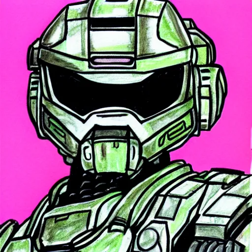 Image similar to master chief drawn with markers, pink background