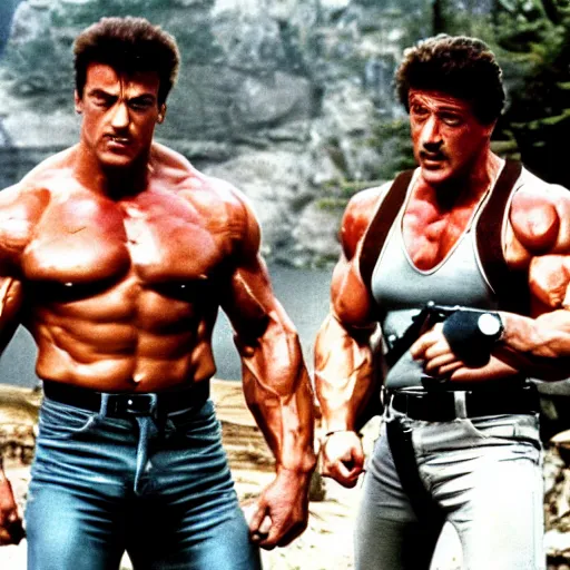 Prompt: arnold schwarzenegger and sylvester stallone in contra, 1 9 8 7, movie still