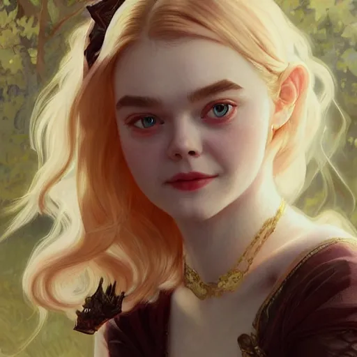 Prompt: portrait of Elle Fanning, looking at camera, D&D, intricate, elegant, stylish, cute smile, mouth slightly open, fantasy, extremely detailed, digital painting, artstation, concept art, smooth, sharp focus, illustration, stunning lighting, art by artgerm and greg rutkowski and alphonse mucha and simon stalenhag.