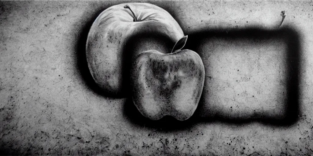 Prompt: detailed medium format photo, polaroid still from tarkovsky movie, a giant apple character, spray painting graffiti on a wall, haze, high production value, intricate details, 8 k resolution, hyperrealistic, hdr, photorealistic, high definition, technicolor, award - winning photography, masterpiece, black and white, grungy