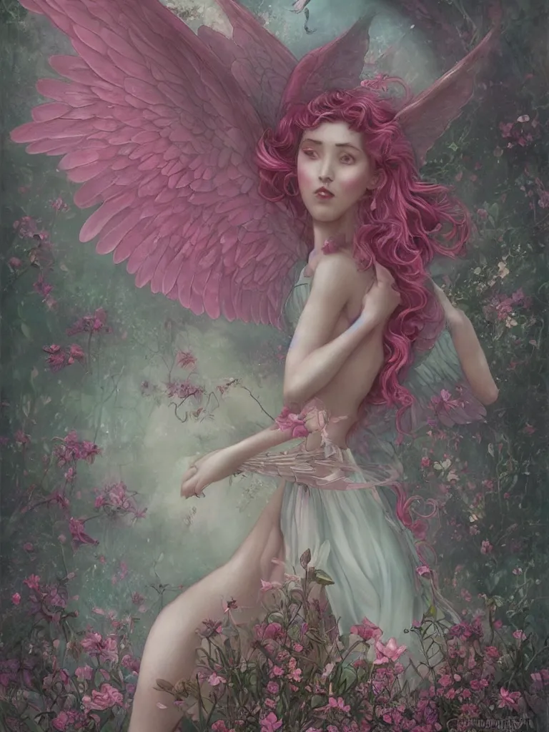 Image similar to one pink fairy with large wings exploring her lonely flower garden by herself in the style of tom bagshaw, extremely detailed, muted colors