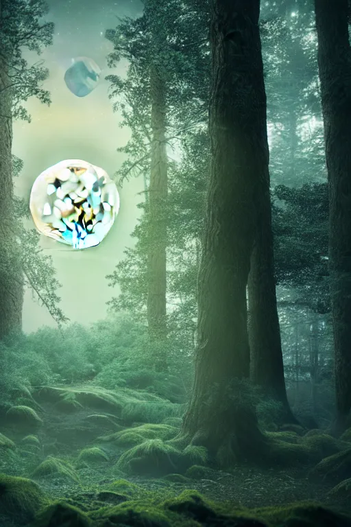 Image similar to high quality fantasy stock photo, unsplash transparent, forest and moon, intricate detail, elegant, hyper realistic, ultra detailed, octane render, volumetric cinematic lighting, 8 k post - production