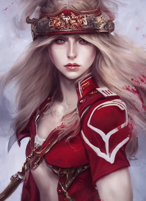 Image similar to a highly detailed illustration of beautiful long dirty blonde haired pale girl wearing red epaulette uniform, red eyes, dramatic seductive pose, intricate, elegant, highly detailed, centered, digital painting, artstation, concept art, smooth, sharp focus, league of legends concept art, WLOP