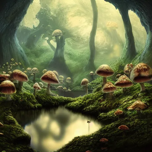 Prompt: a mystical cave with glowing mushrooms, still water calm as a mirror, dark rocks, shadows, mossy ground, atmospheric, butterflies, misty, masterpiece, very detailed, cold blue light, trending on artstation, hyperrealistic, painted by Jessiah Thomason