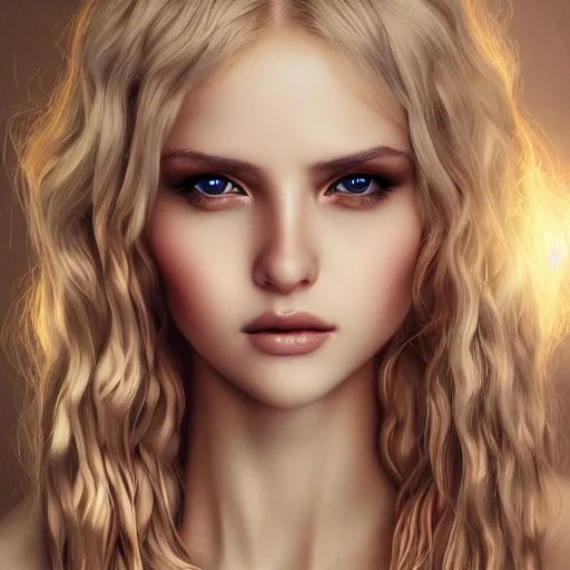 Prompt: realistic portrait of a holy blonde female angel, godray, beautiful, detailed, octane render, by artgerm, elegant, matte, symmetrical realistic facial features, biblical