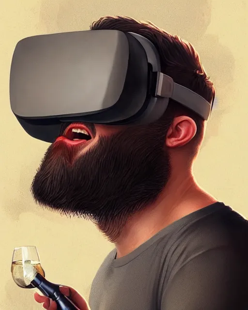 Prompt: a bearded man wearing a vr set & drinking a beer, real life skin, intricate, highly detailed, artstation, concept art, smooth, sharp focus, art by artgerm and greg rutkowski