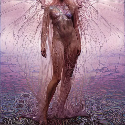 Prompt: queen of neptune by zdzisław beksinski, iris van herpen, raymond swanland, alexander mcqueen and alphonse mucha. highly detailed, hyper - real, beautiful