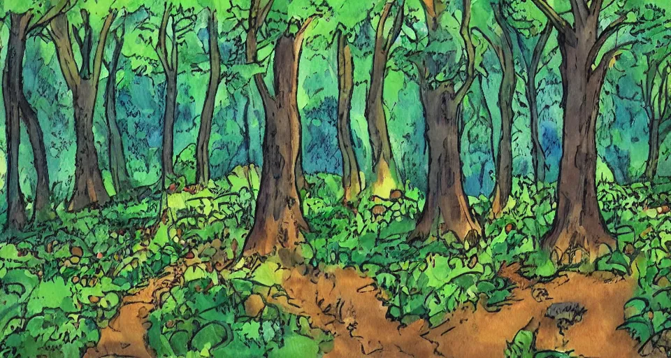 Prompt: a forest in france in the style of uderzo