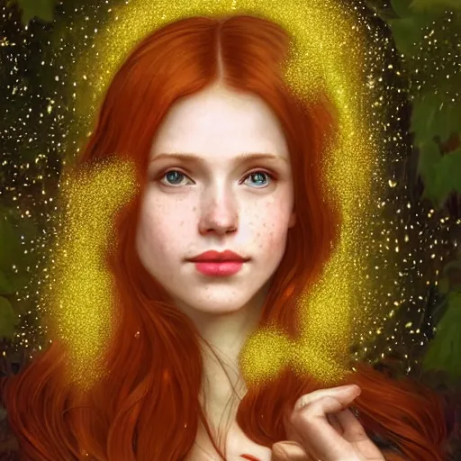 Prompt: a highly detailed portrait of a red haired young woman, among golden fireflies and nature, long hair, green eyes, hint of freckles, round gentle face, cheeky smile with red lips, deep focus, smooth, sharp, golden ratio, elegant, digital painting by leonardo da vinci, artgerm, alphonse mucha