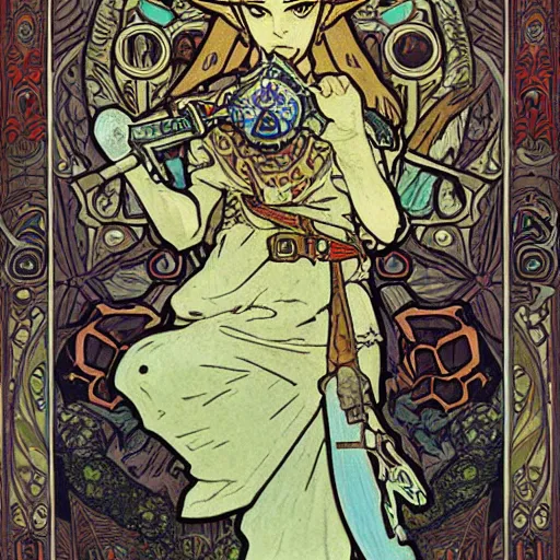 Image similar to a painting of The Legend of Zelda: Breath of the wild by mucha