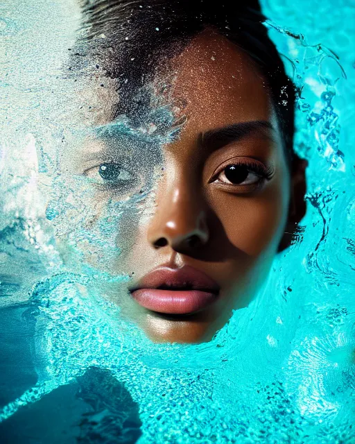 Image similar to photo half body portrait of very beautiful woman, face emerging from pool of water, brown skin, realism, extreme detail, real life, key art, soft light, volumetric light, 3 - d shadows, photo by james jean and wlop, photoshoot