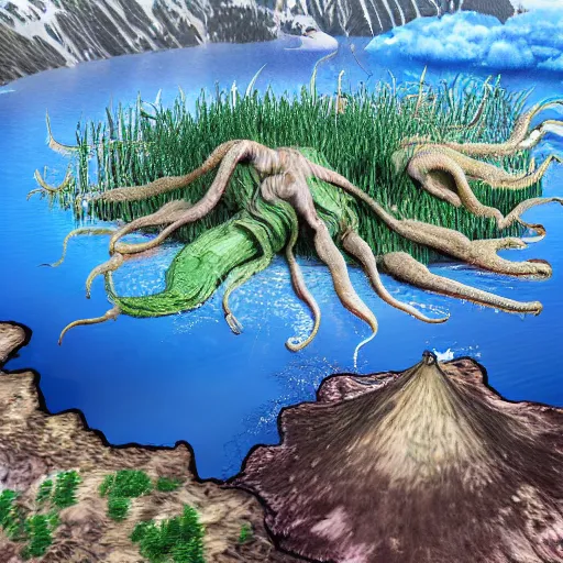 Image similar to crater lake writhing with tentacles and sea monsters, ultra detailed, highly detailed, 8 k, trending on artstation, award - winning art,