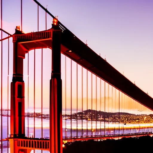 Image similar to a photo of golden gate bridge with a plane flying underneath at dusk